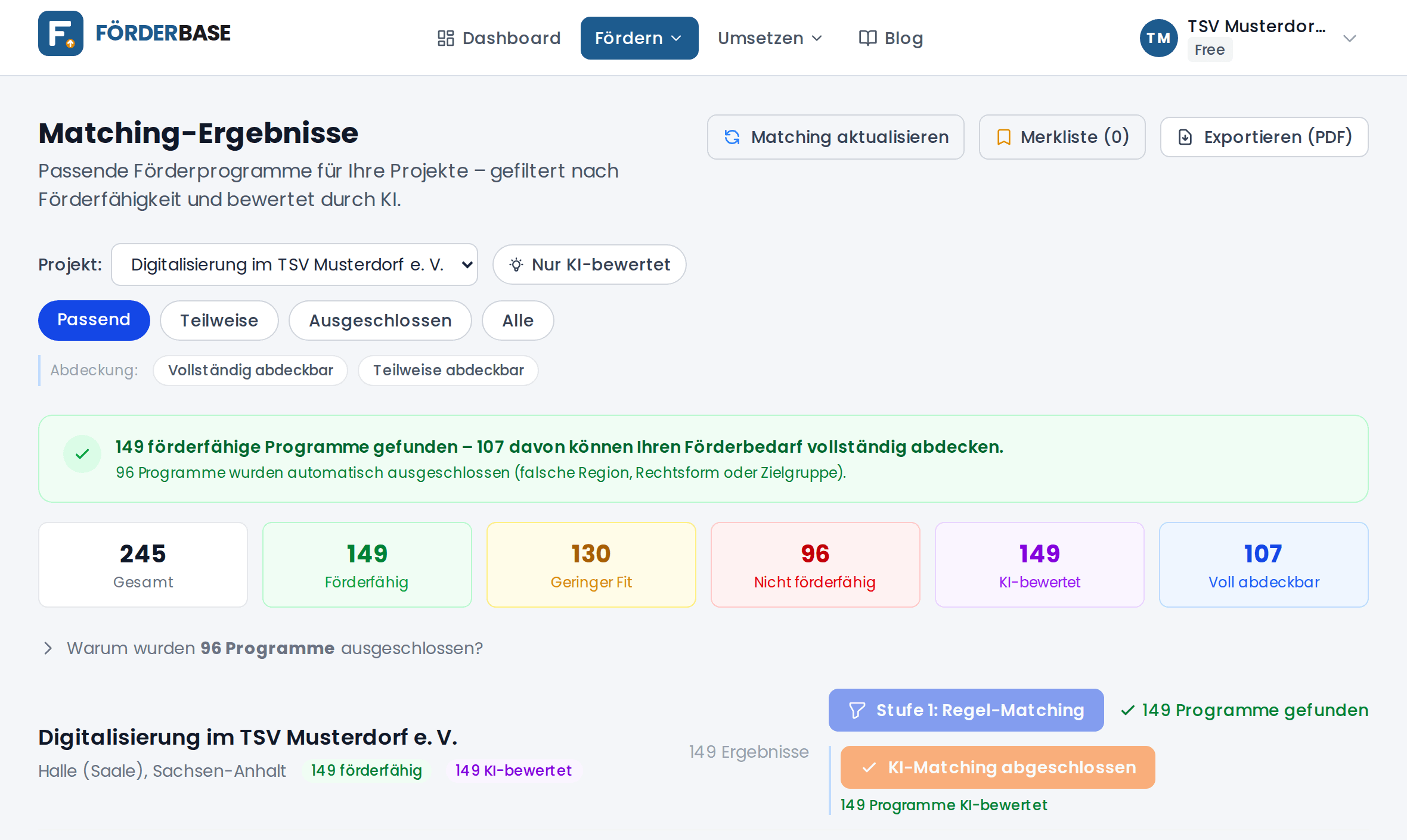Matching-Ergebnisse in FörderBase mit Passungsgrad 88, 85 und 65 von 100 für ein Vereinsprojekt.